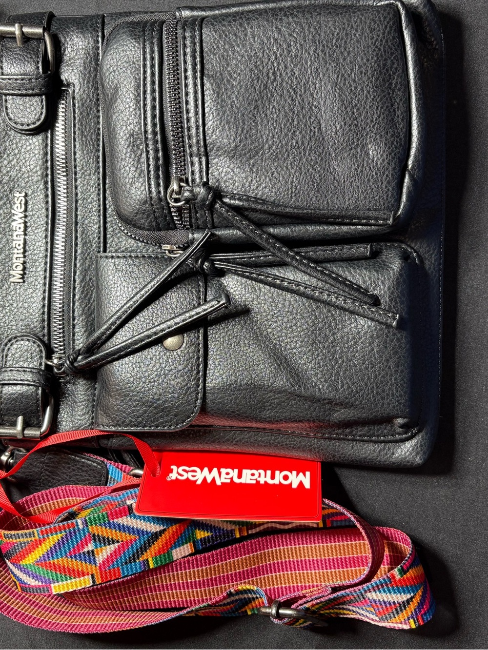 Montana West Black Leather Messenger Bag with Multicolor Woven Strap